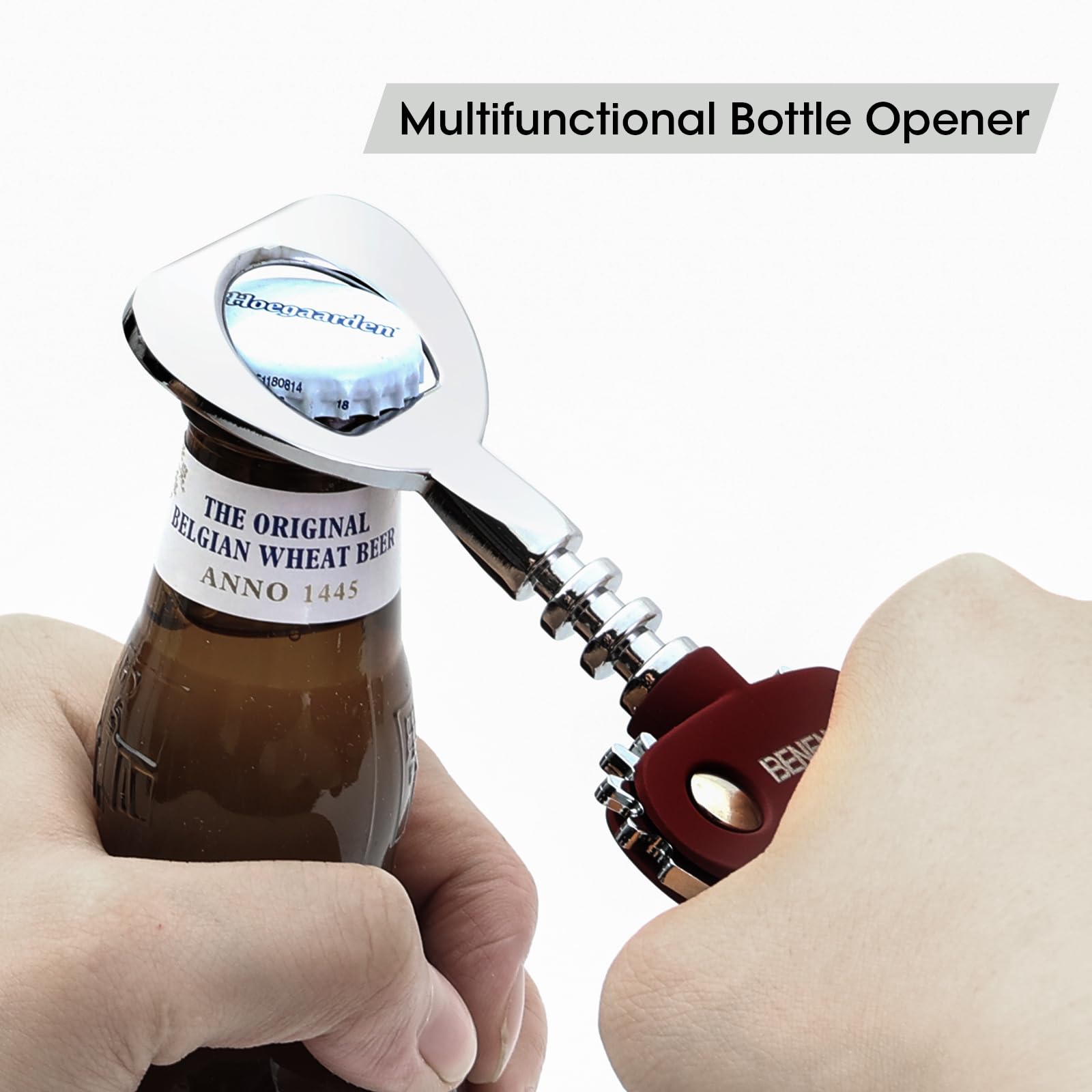 Beneno multifunctional bottle opener combines corkscrew and cap opener for versatile bottle opening.