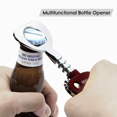 Beneno multifunctional bottle opener combines corkscrew and cap opener for versatile bottle opening.
