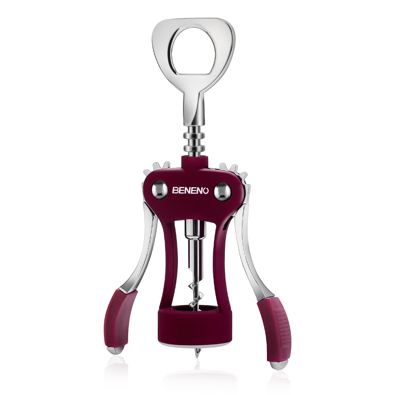 Beneno purple-handle opener in use for easy wine bottle access.