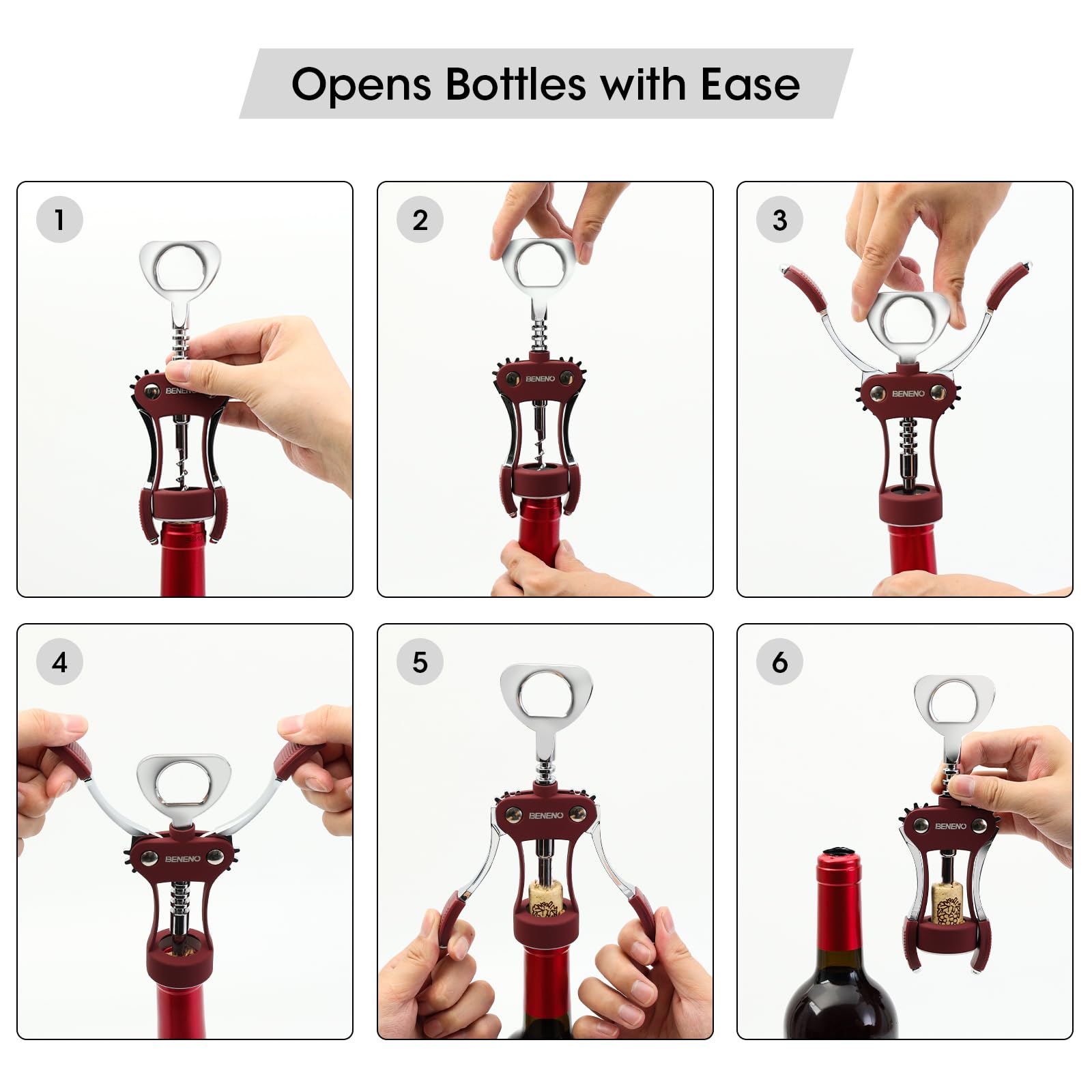 Beneno sharp-edged screw minimizes cork crumbling for cleaner, intact corks.