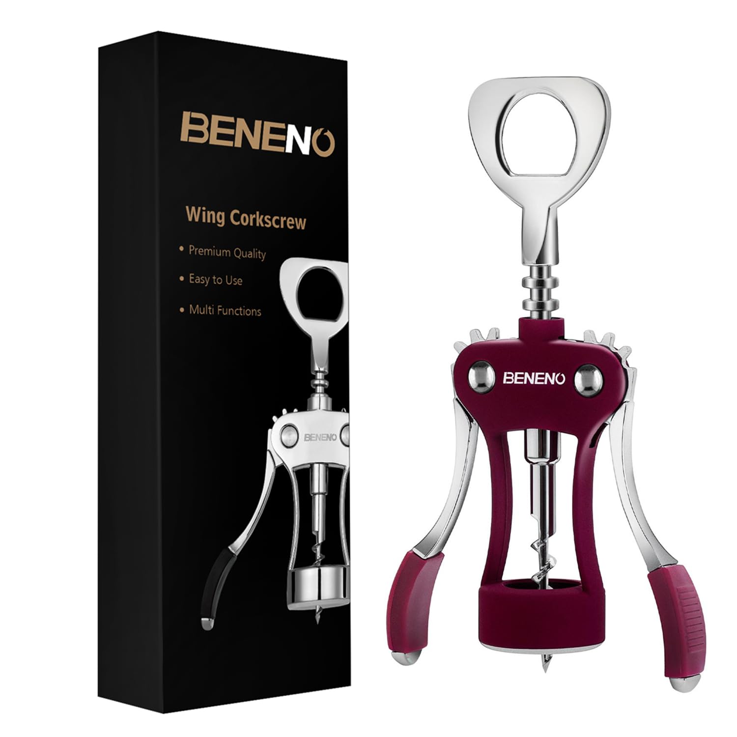 Beneno wine opener zinc alloy wing corkscrew in purple, durable and rust-resistant for daily use.