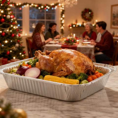 Benestanti stackable aluminum pans save space after events.