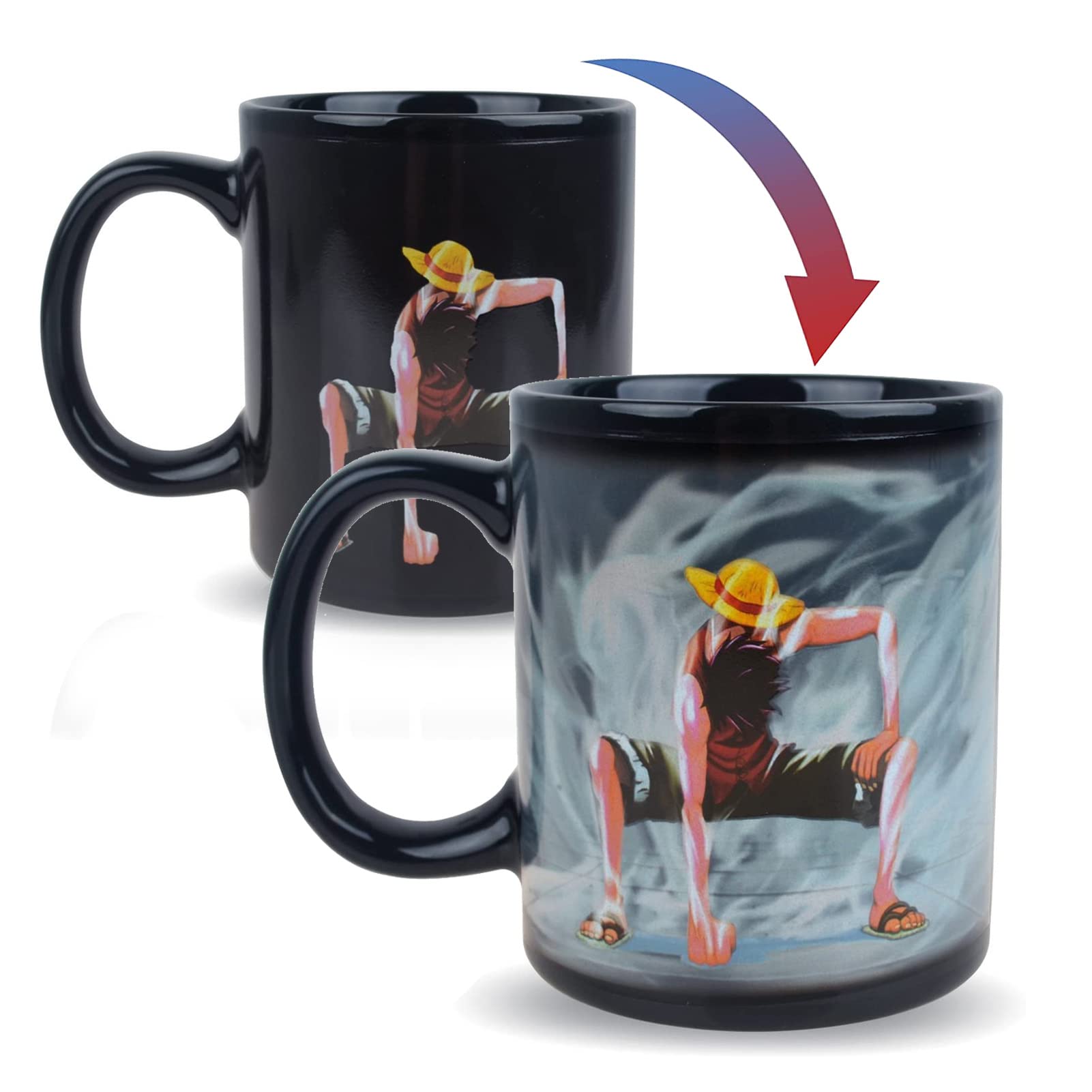 BeneU One Piece Luffy changing mug front view reveals color-changing artwork.