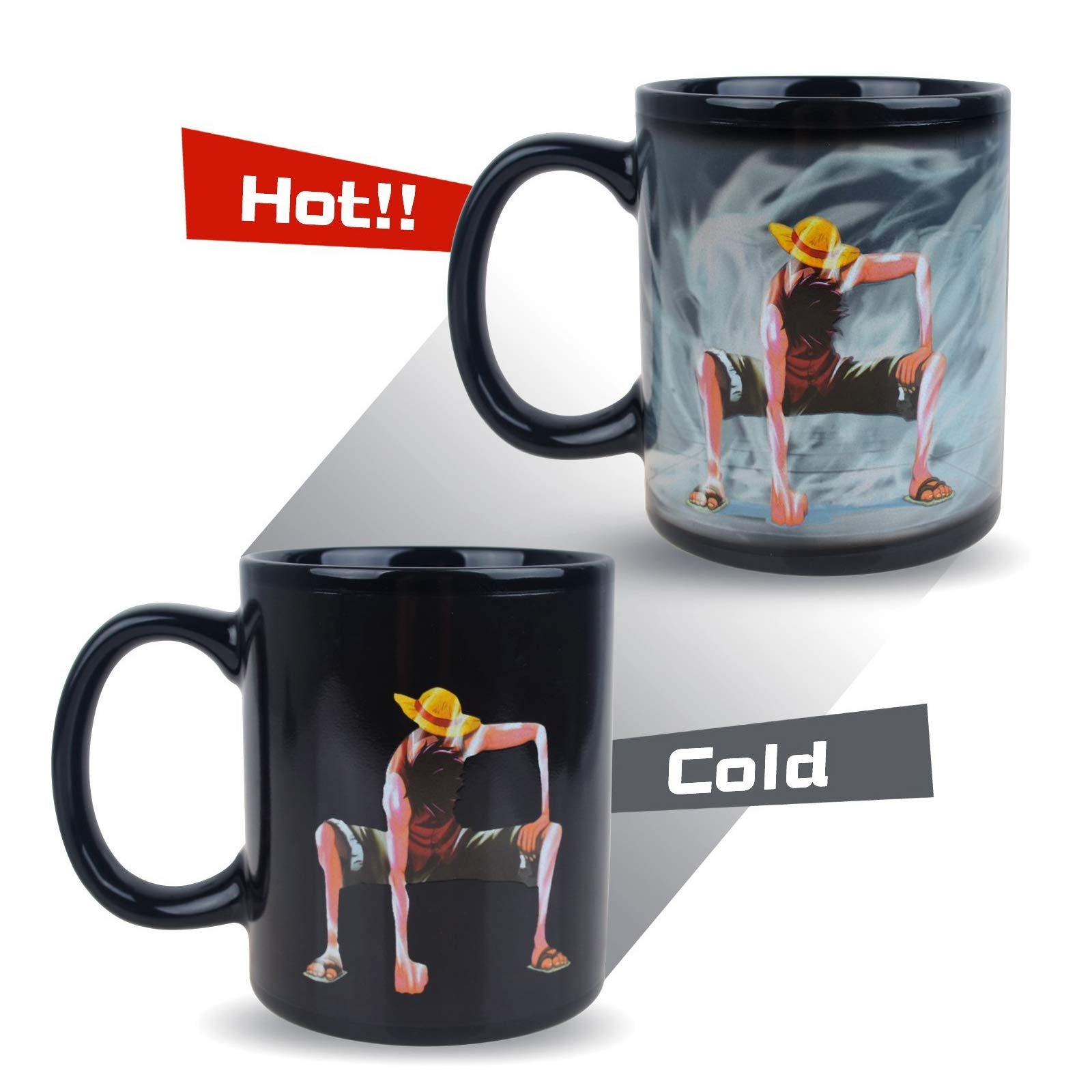 BeneU One Piece Luffy changing mug heat reveal as hot liquid activates colors.