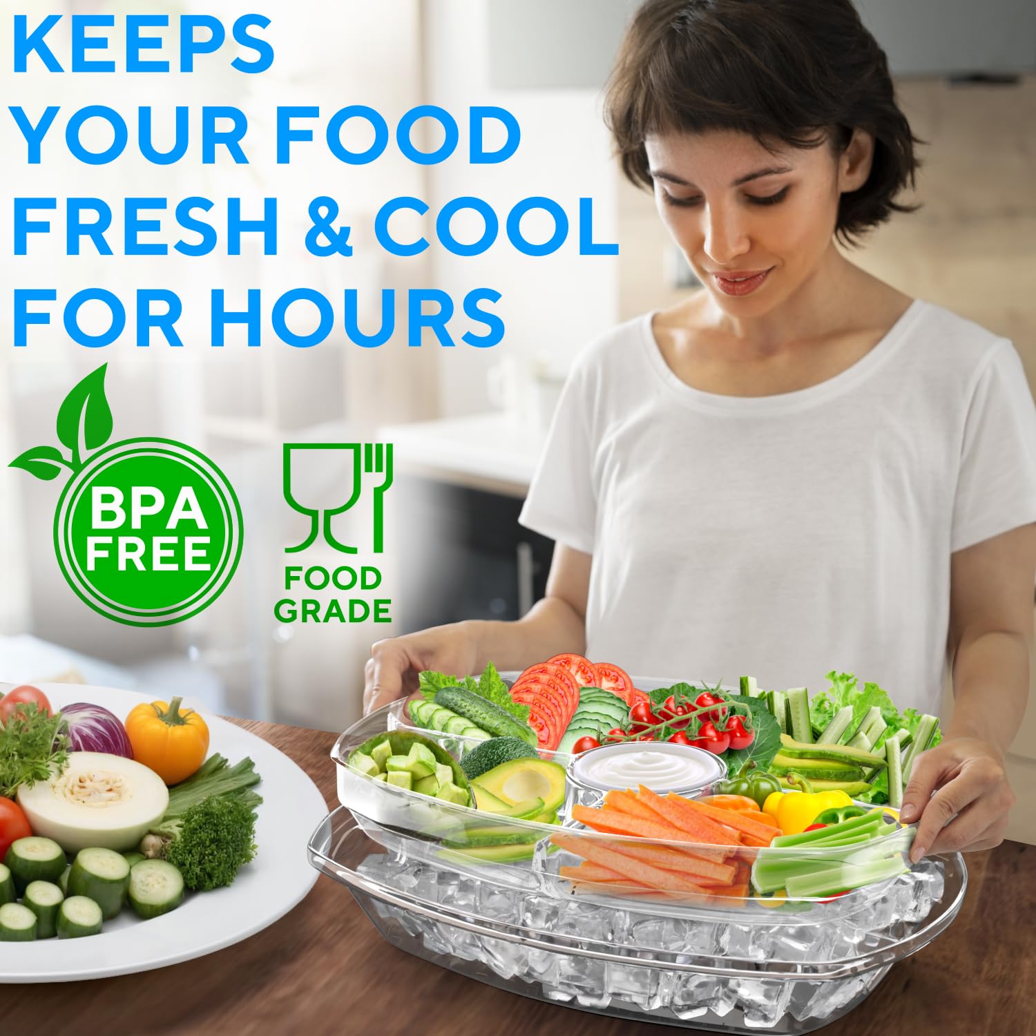 Benicci 15-inch chilled party platter with four compartments for fruits and vegetables at gatherings