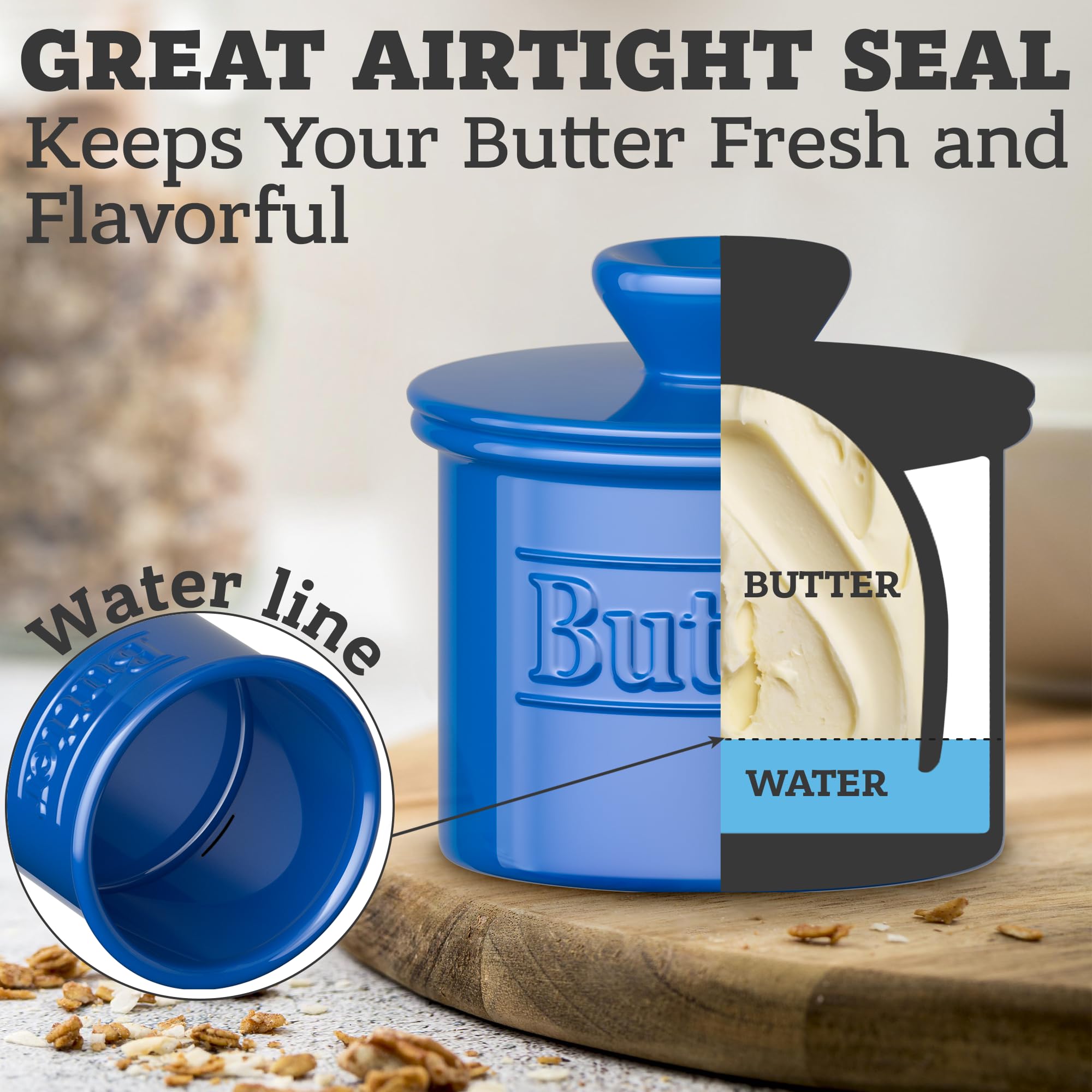 Benicci 4.4oz butter crock fits a standard stick for easy scooping.