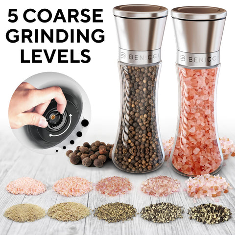 Benicci adjustable coarseness with five levels for precise seasoning.