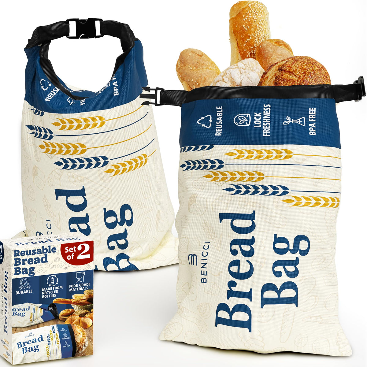 Benicci extra-large bag with roll-clip closure protecting sourdough freshness