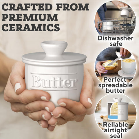 Benicci butter crock fill process minimizes air pockets for smooth texture.