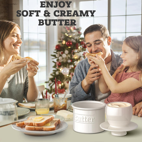 Benicci butter crock sits neatly on counter, saving space and adding style.