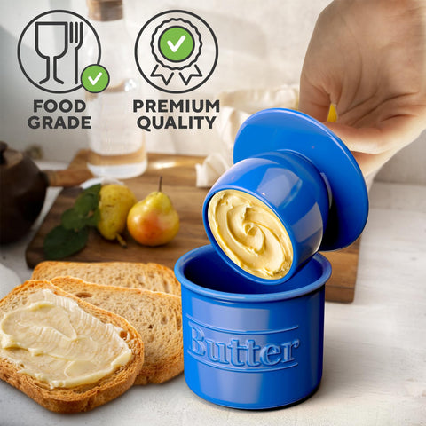 Benicci butter crock water line indicates airtight seal preserving freshness for days.