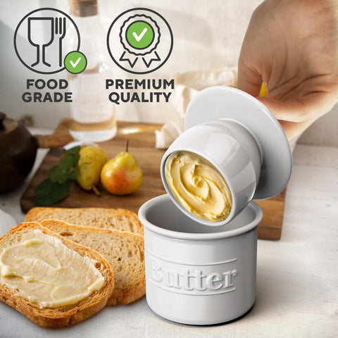 Benicci butter keeper water line design seals freshness without refrigeration.