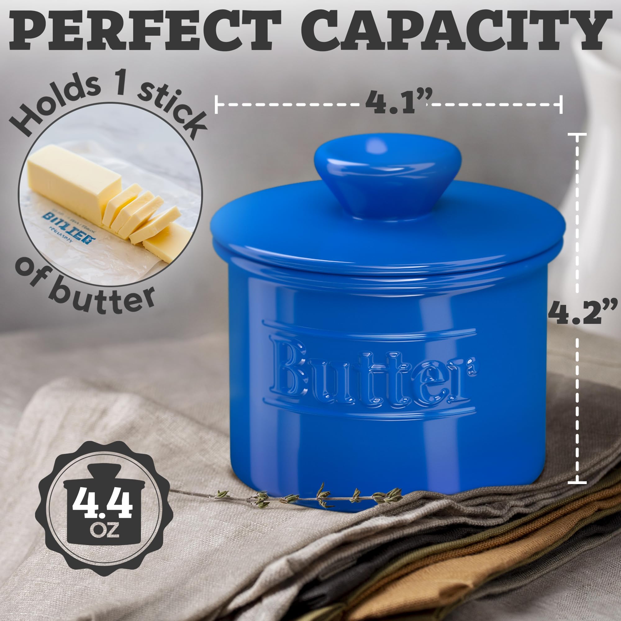 Benicci ceramic butter keeper highlights durable, glossy finish for daily counter use.