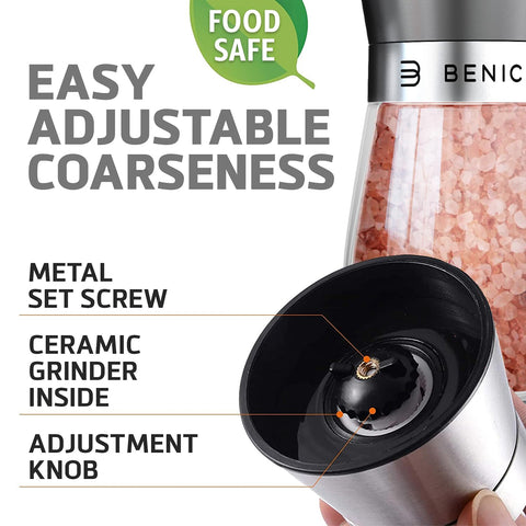 Benicci ceramic grinder knob adjusts from coarse to fine grind.