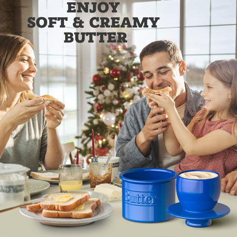 Benicci dark blue butter crock adds a vibrant, elegant accent to kitchen counters.