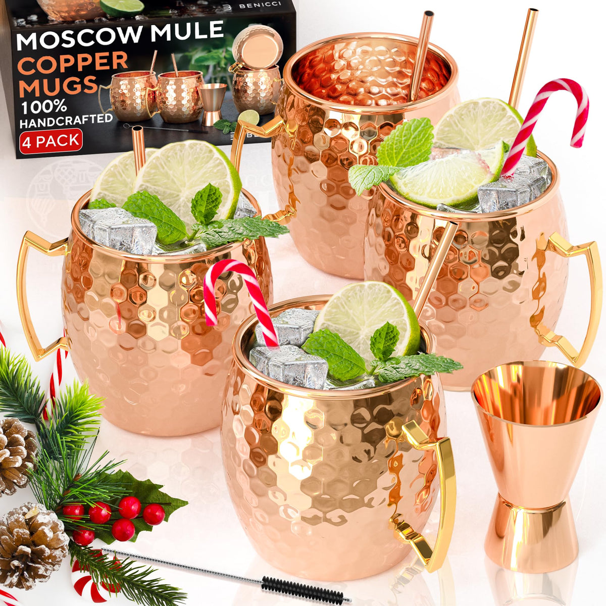 Benicci Moscow Mule copper mugs set4 for authentic cocktails and stunning tableware.