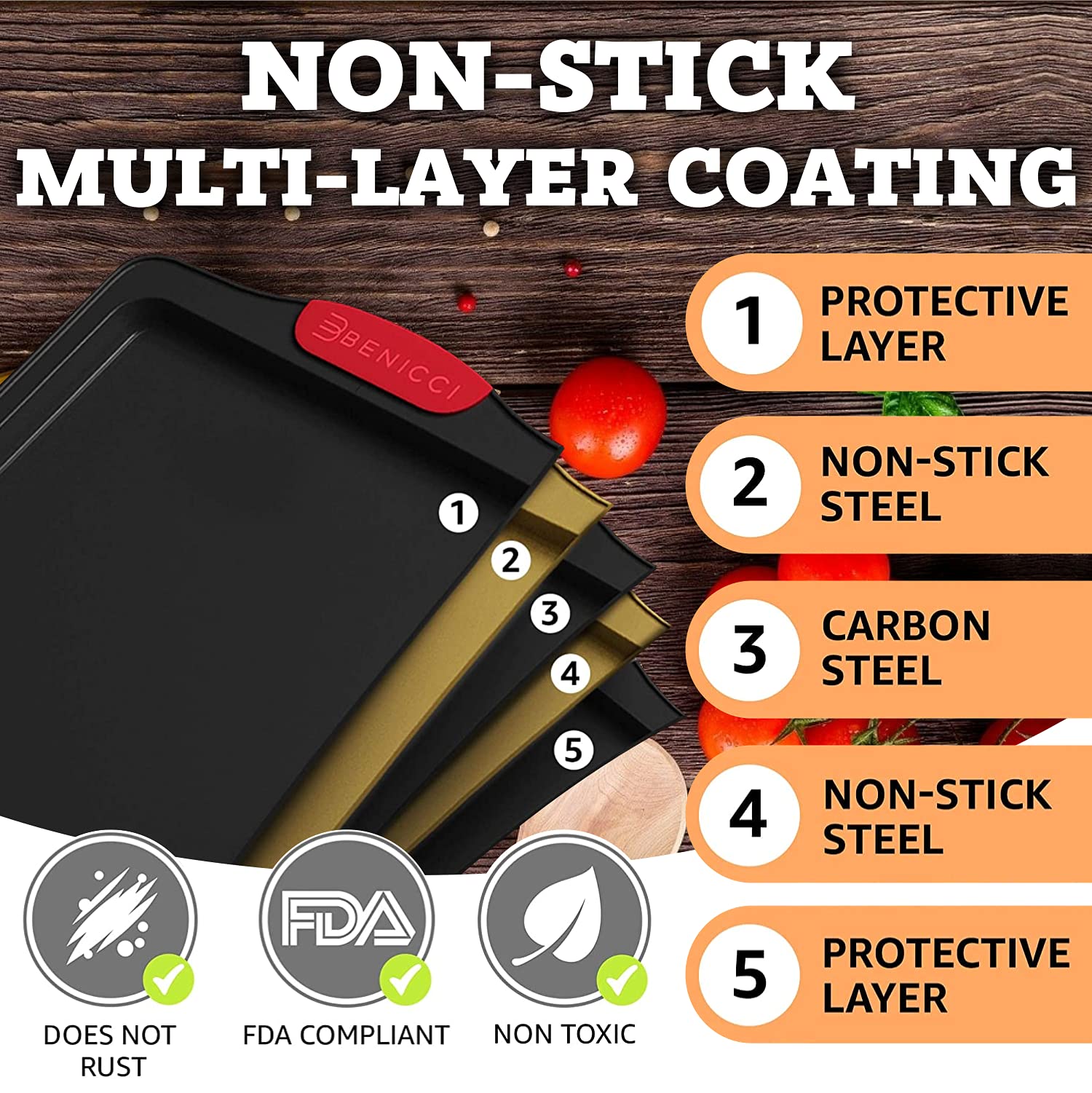 Benicci oven-safe baking trays withstand up to 450°F for diverse recipes.