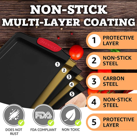 Benicci oven-safe baking trays withstand up to 450°F for diverse recipes.