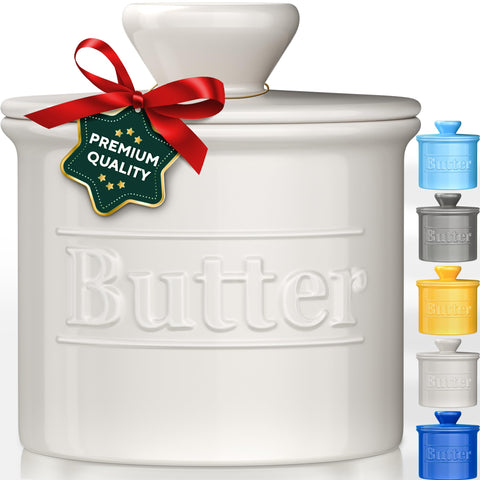 Benicci premium butter crock with lid on counter for easy access and elegant kitchen flair.