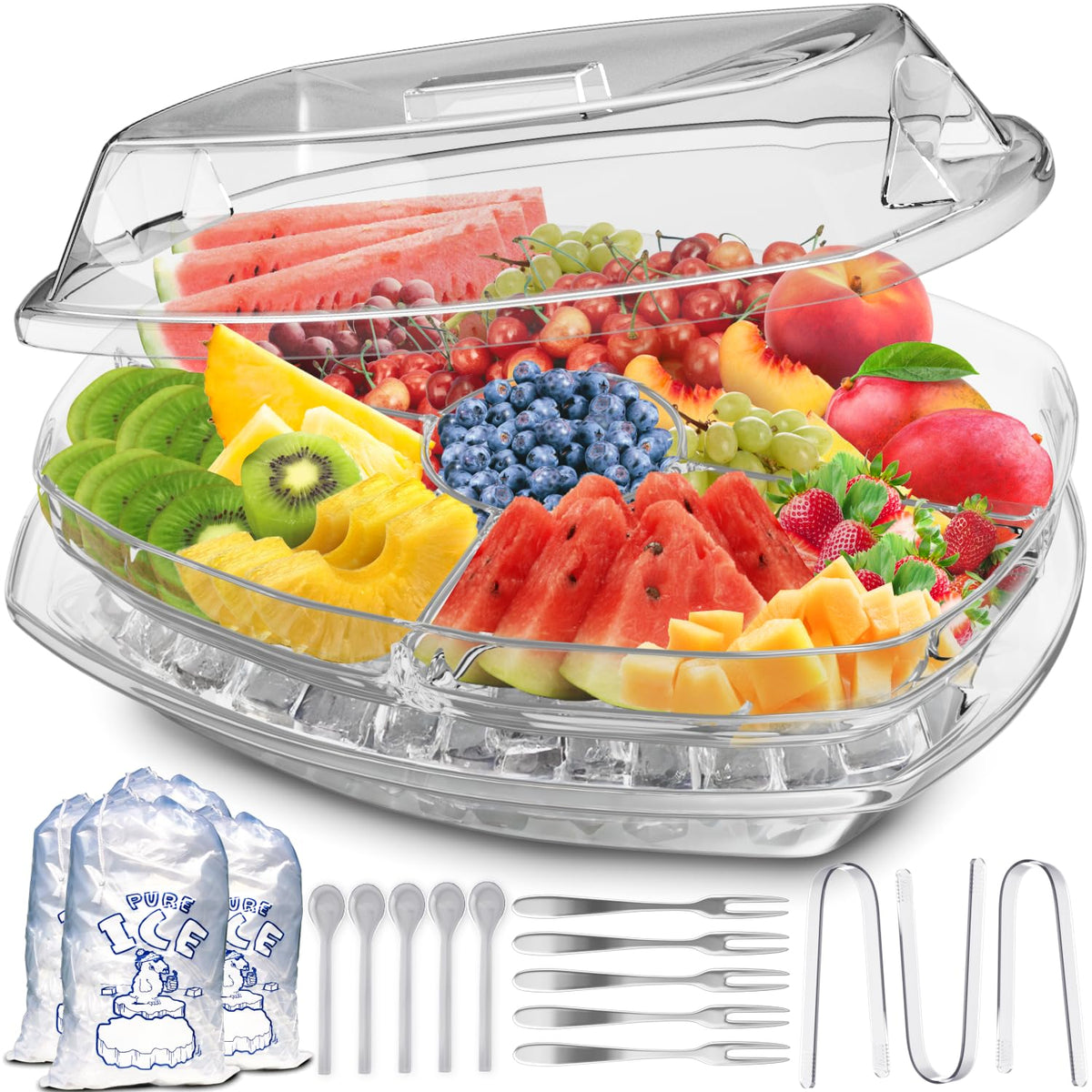 Benicci premium chilled serving tray with lid and dip holder keeps snacks fresh and protected