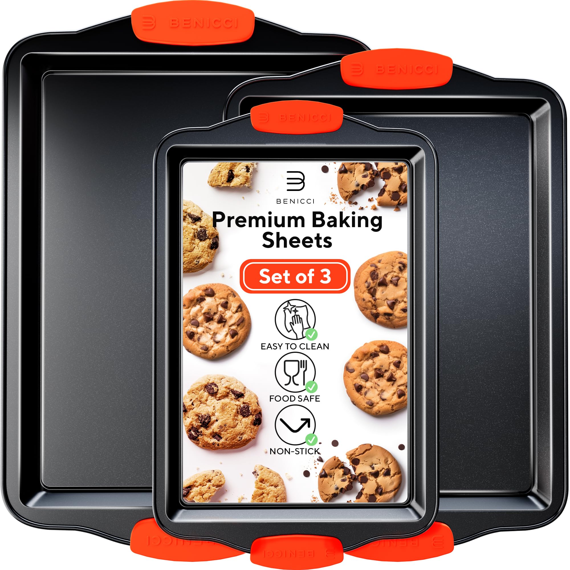 Benicci premium non-stick baking sheets set of three in varied sizes for versatile baking.