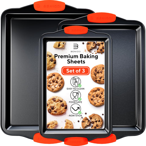 Benicci premium non-stick baking sheets set of three in varied sizes for versatile baking.