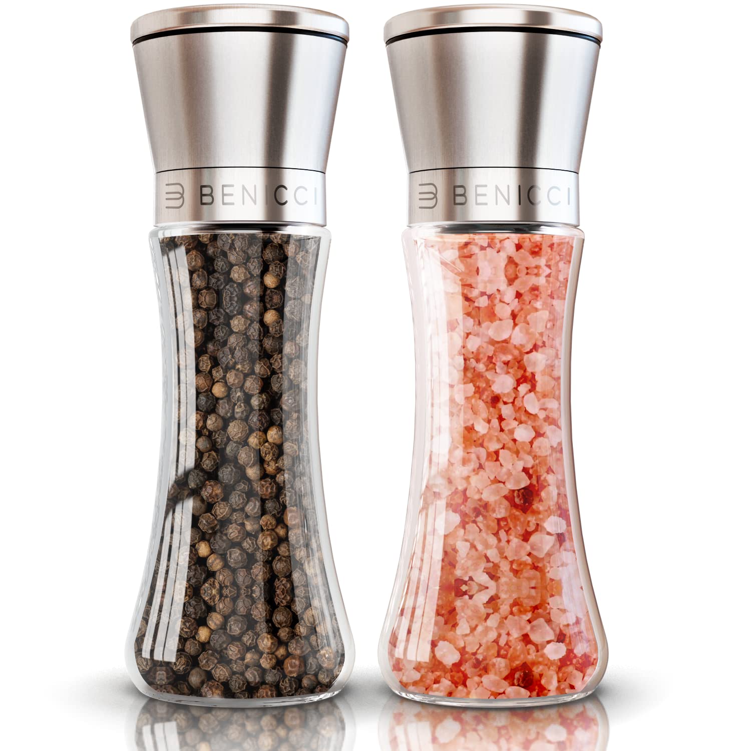 Benicci premium salt and pepper set with stainless glass body for fresh flavor at table.