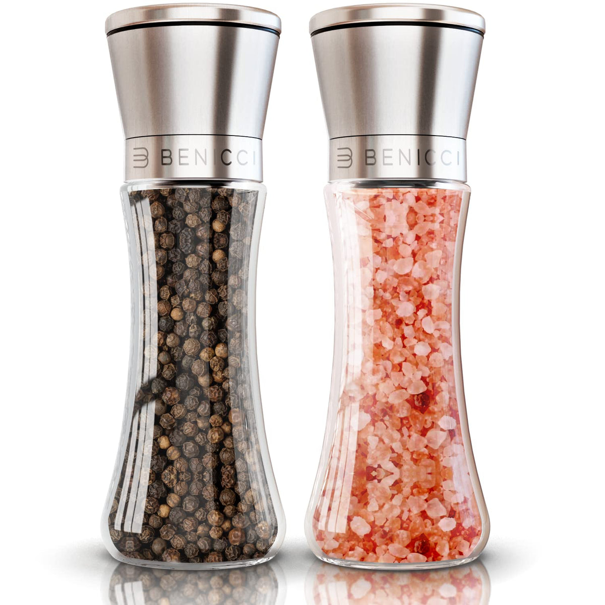 Benicci premium salt and pepper set with stainless glass body for fresh flavor at table.