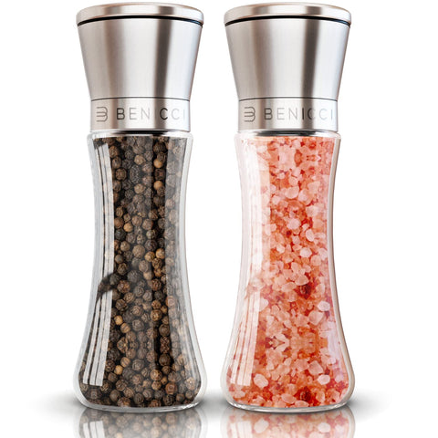Benicci premium salt and pepper set with stainless glass body for fresh flavor at table.