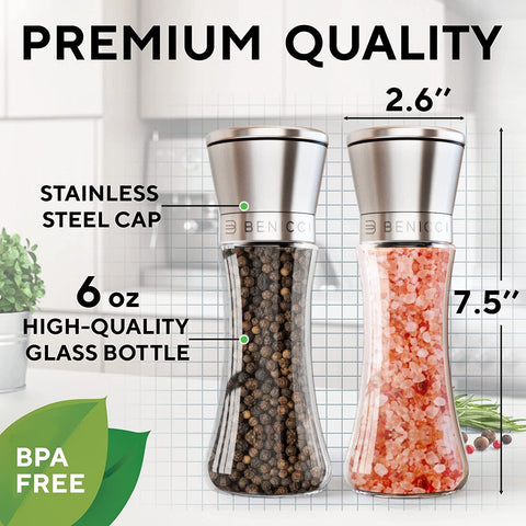 Benicci refillable grinders with ceramic burrs deliver consistent grind size.