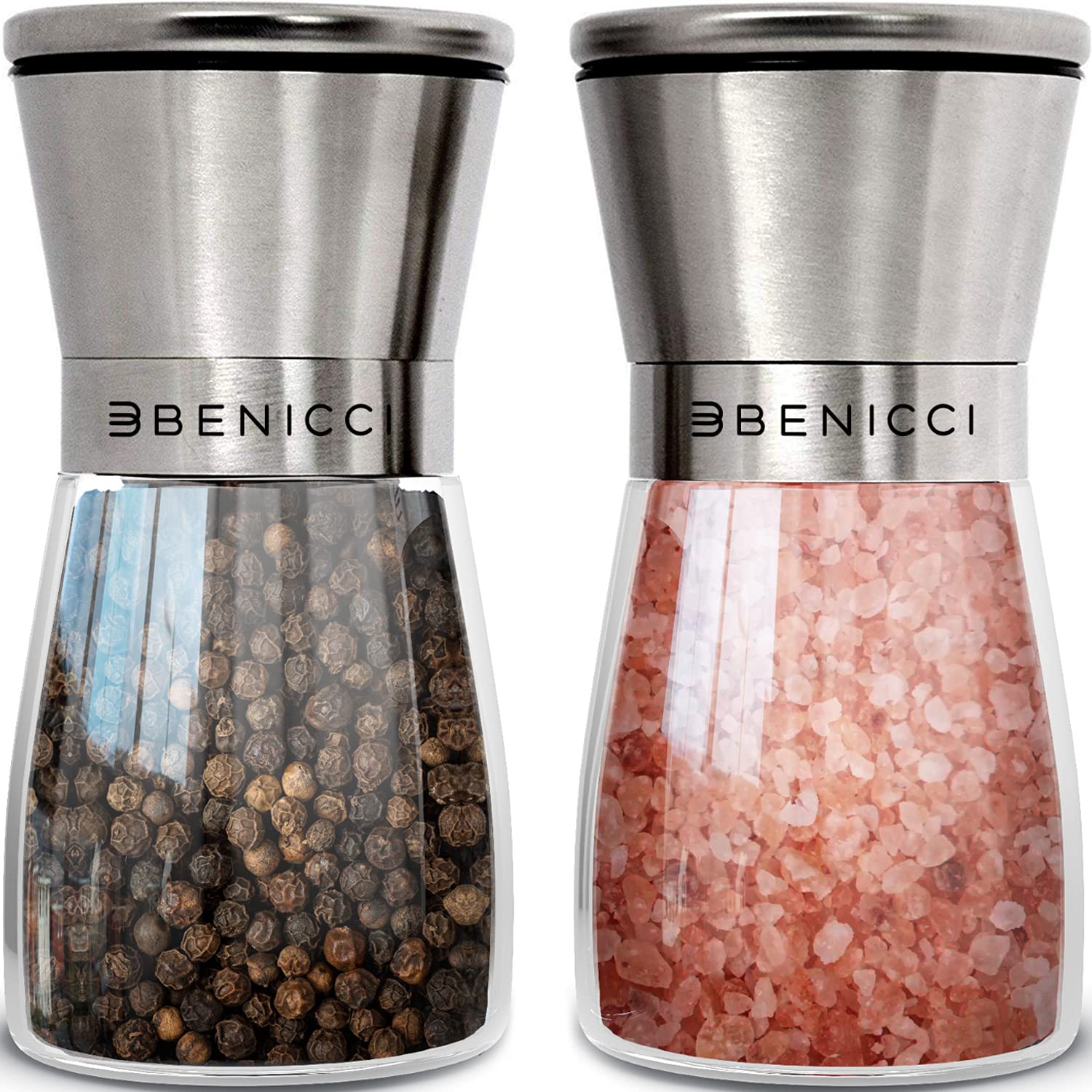 Benicci salt and pepper grinders on dining table for easy seasoning.