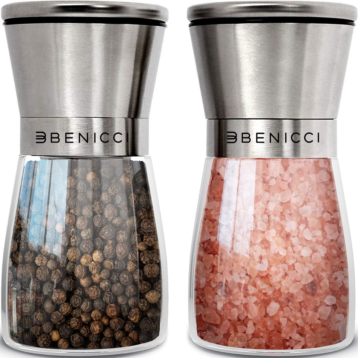 Benicci salt and pepper grinders on dining table for easy seasoning.