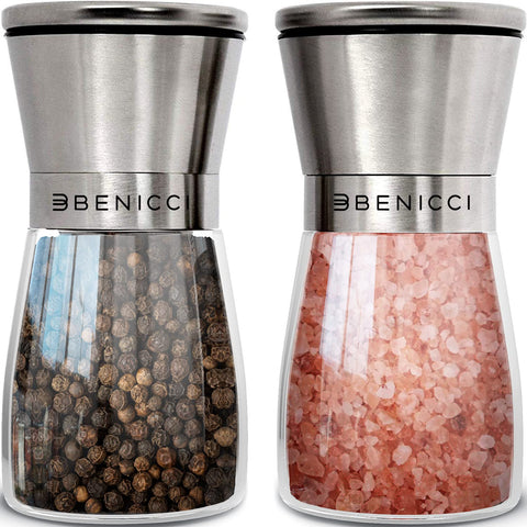 Benicci salt and pepper grinders on dining table for easy seasoning.