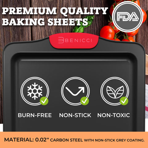 Benicci silicone-handled sheet pans delivering easy grip and safe handling.