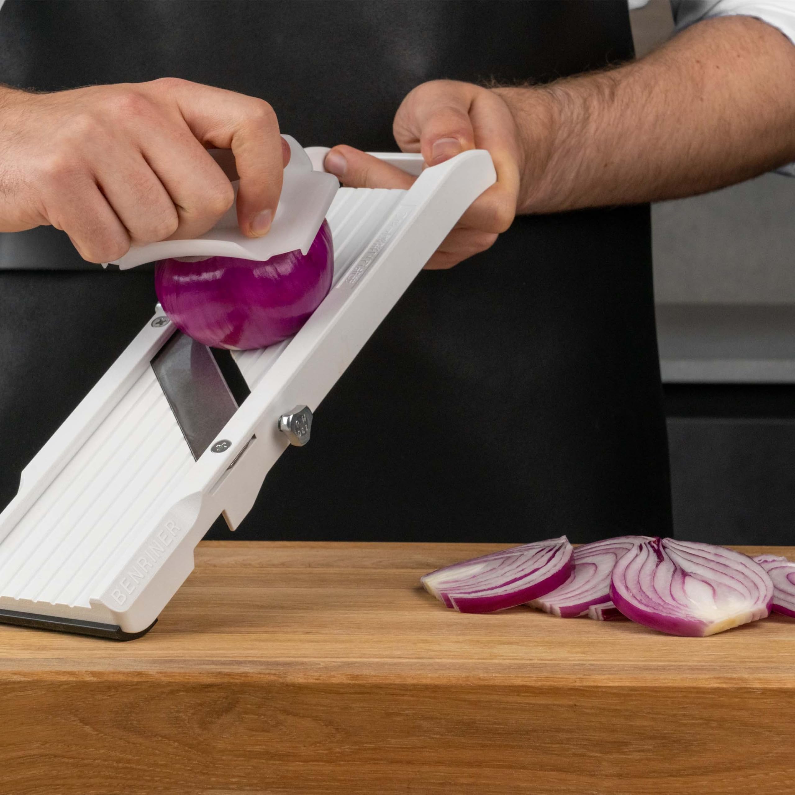 Benriner mandoline fine-tooth-blade yields delicate, ultra-thin slices for gratins.