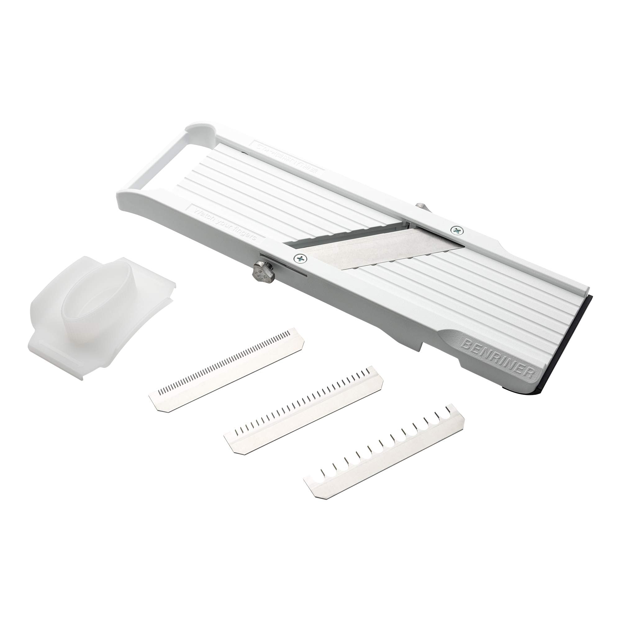 Benriner mandoline slicer on a kitchen counter delivers quick, even slices for everyday meals.