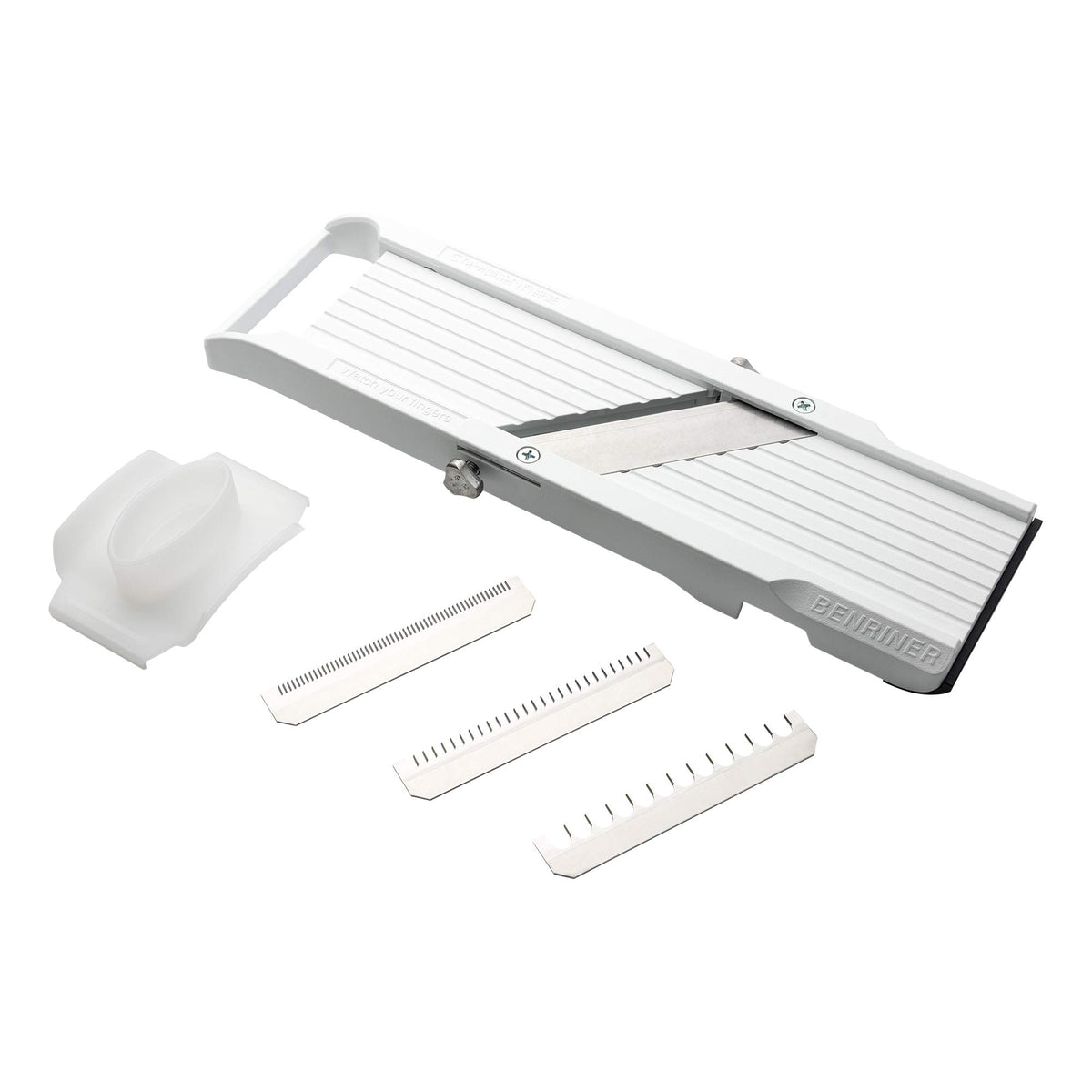 Benriner mandoline slicer on a kitchen counter delivers quick, even slices for everyday meals.