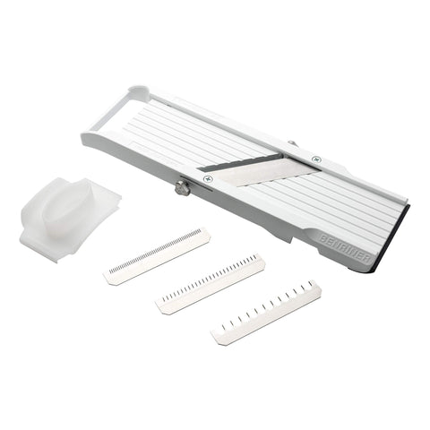 Benriner mandoline slicer on a kitchen counter delivers quick, even slices for everyday meals.
