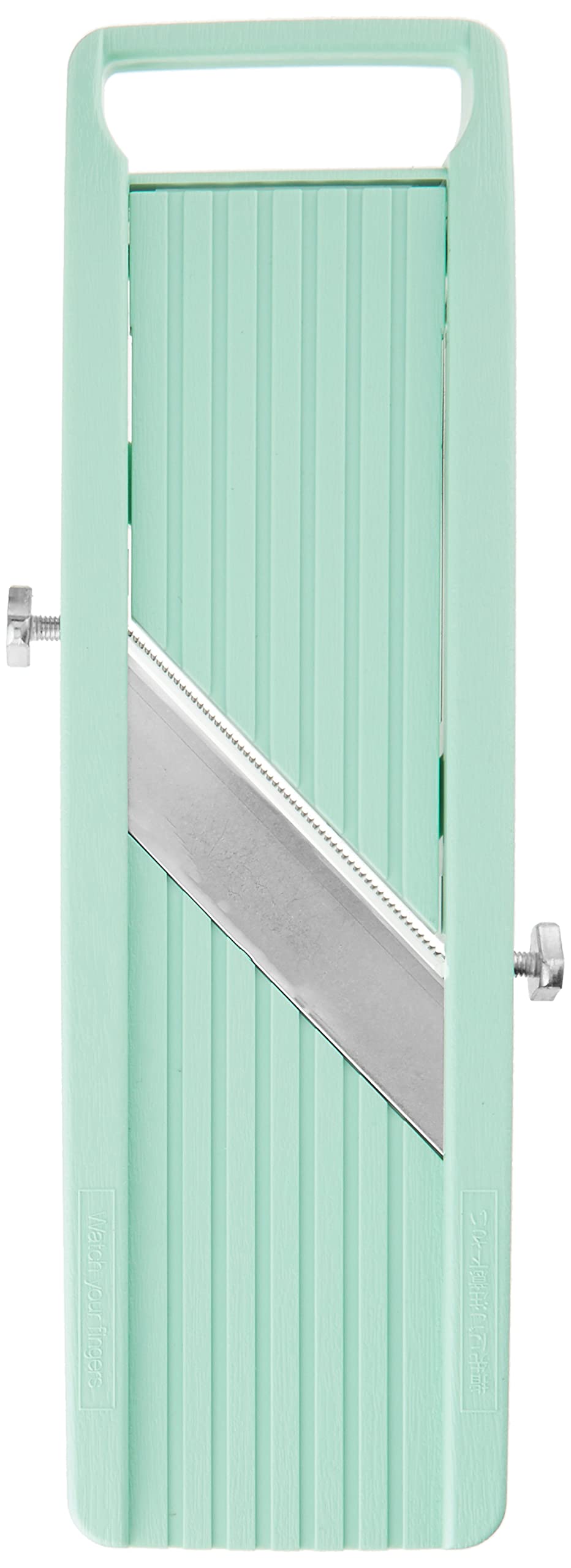 Benriner vegetable slicer green blade close-up highlighting sharp, precise cuts