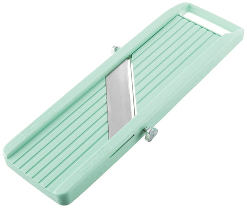 Benriner vegetable slicer green front view showing uniform slices for quick meal prep