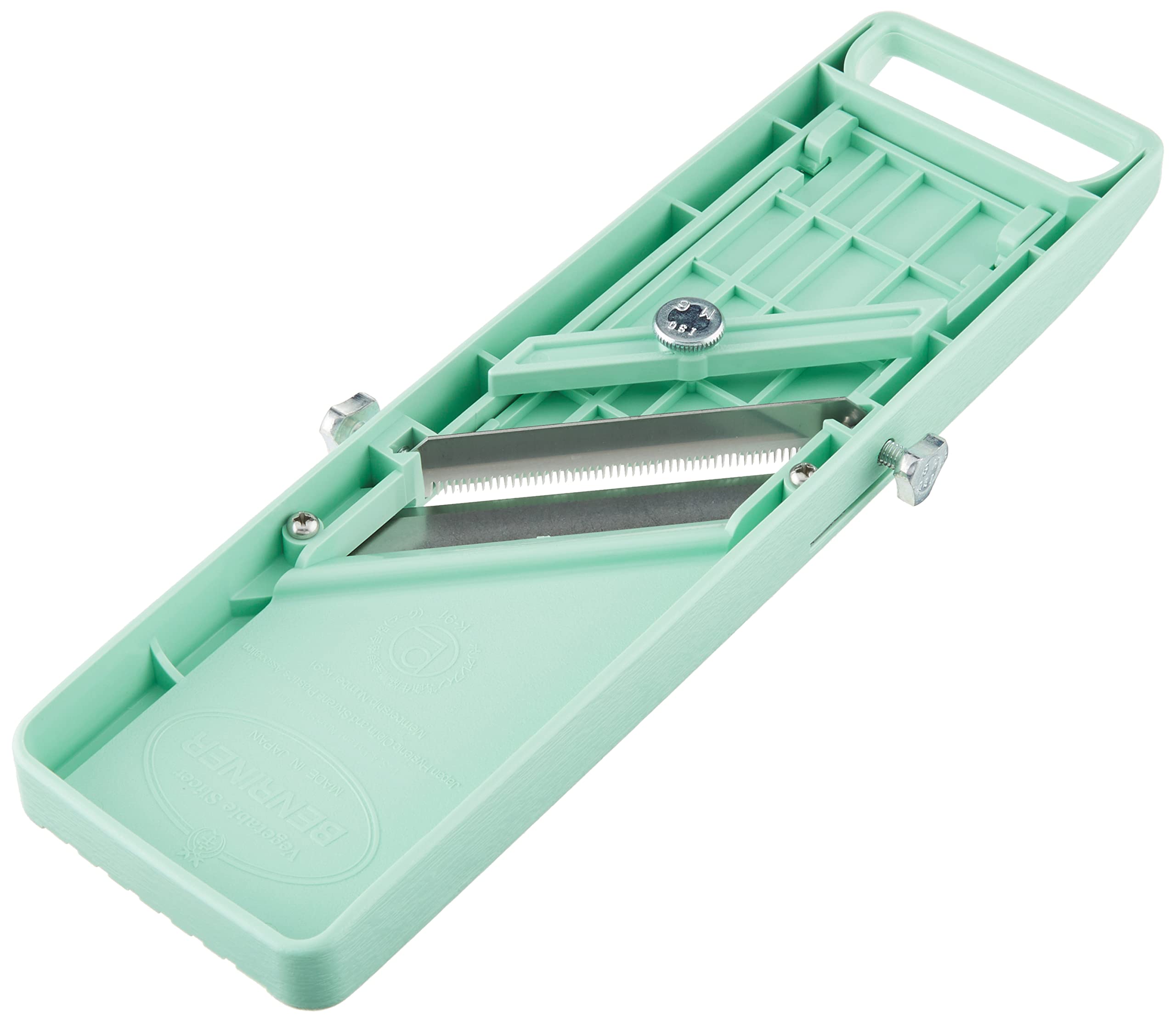Benriner vegetable slicer green side view with ergonomic handle for comfortable, repeated use