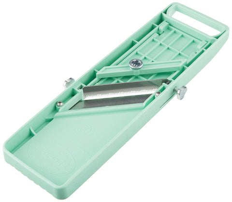 Benriner vegetable slicer green side view with ergonomic handle for comfortable, repeated use