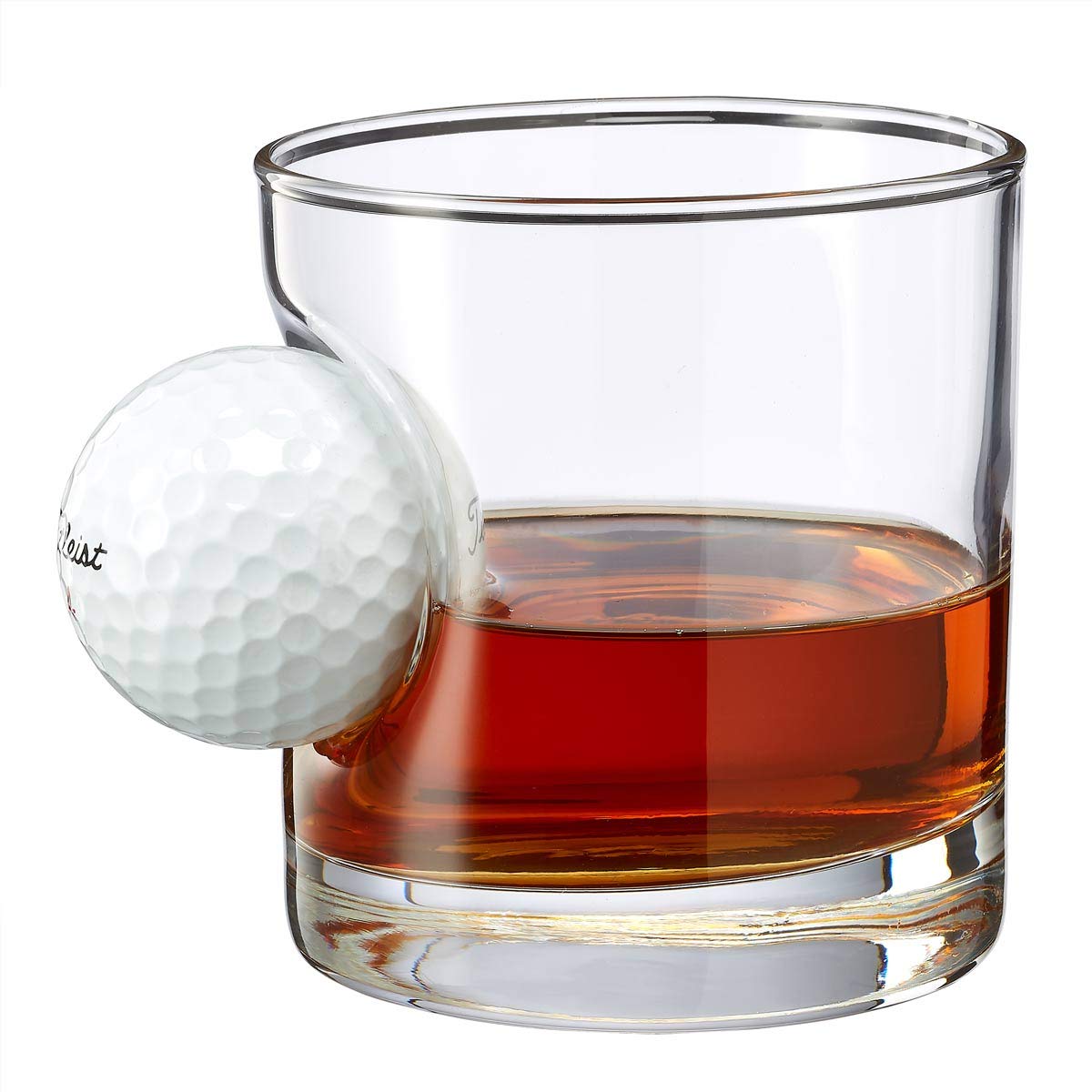 BenShot golf ball rocks glass with embedded Titleist for a bold whiskey moment