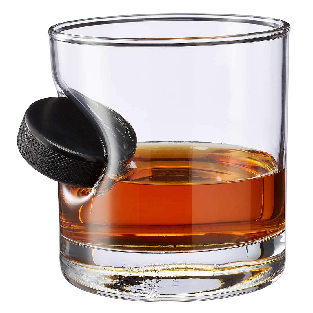 BenShot hockey puck glass 11oz with embedded puck for a distinctive whiskey experience.