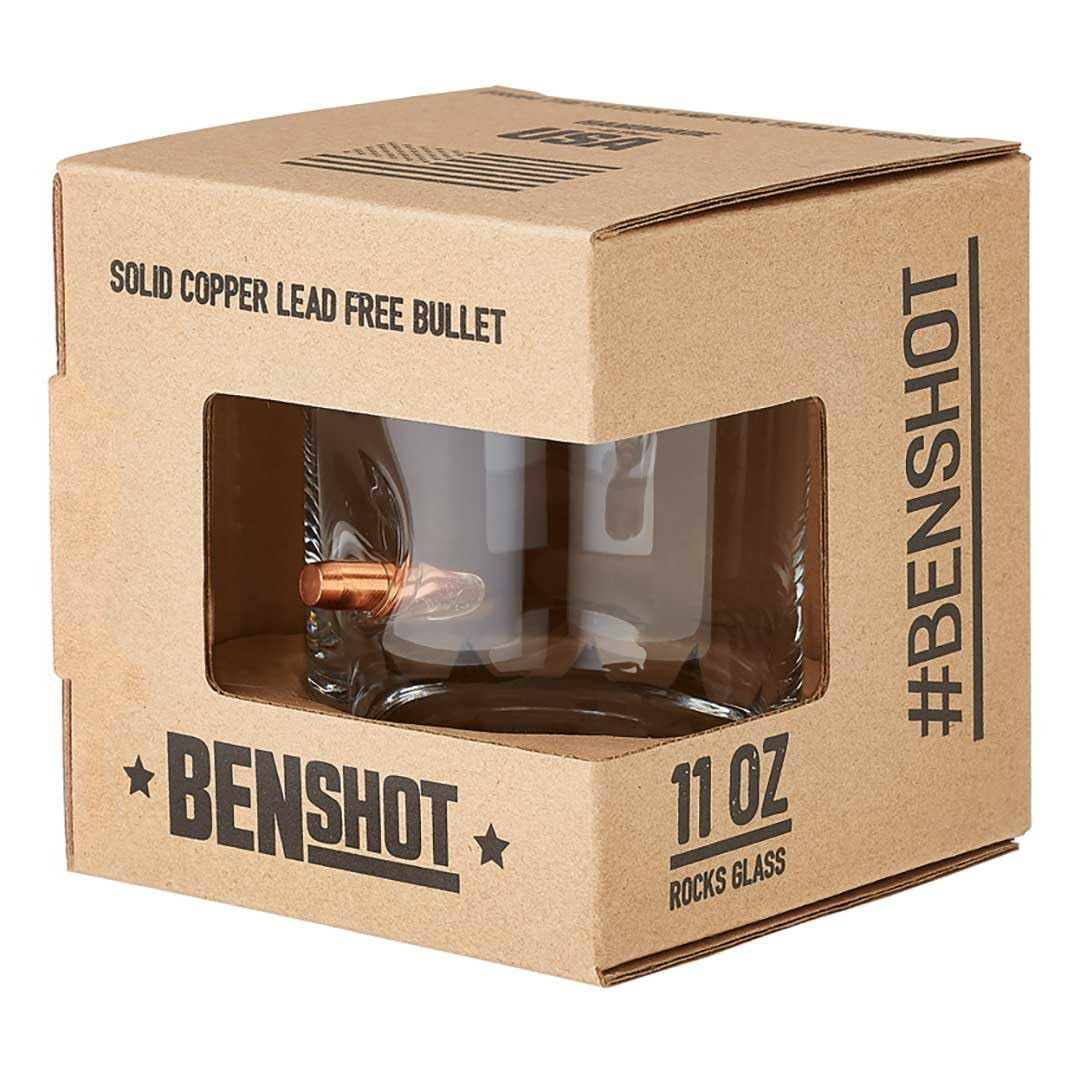 BenShot Merica Rocks Glass highlighting an 11oz pour, perfect for savoring your whiskey.
