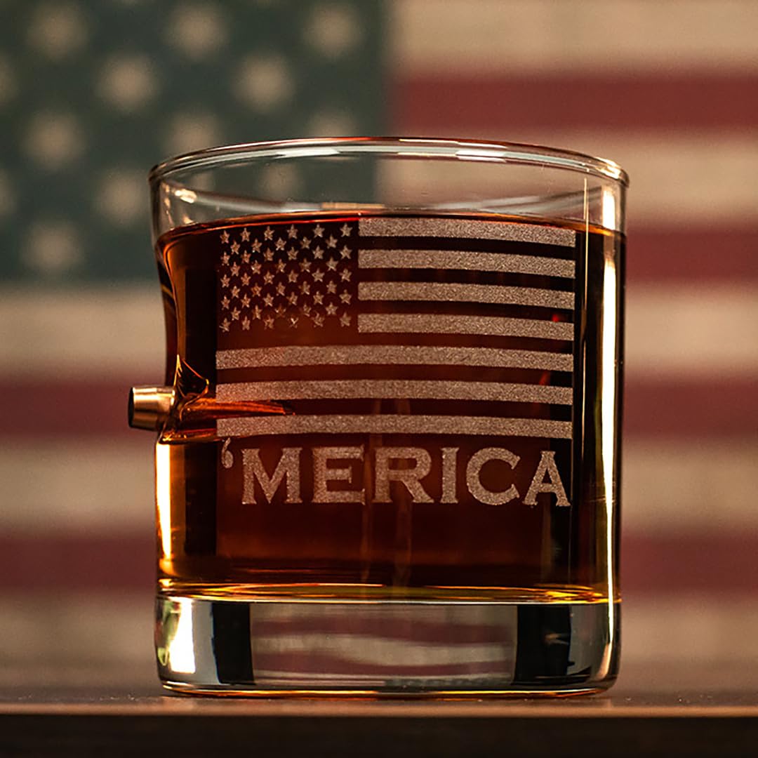 BenShot Merica Rocks Glass capable of an 11 oz pour with a distinctive bullet insert