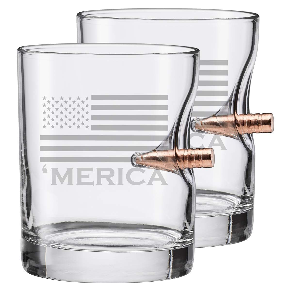 BenShot Merica Rocks Glass with real .308 bullet embedded for a bold whiskey experience.