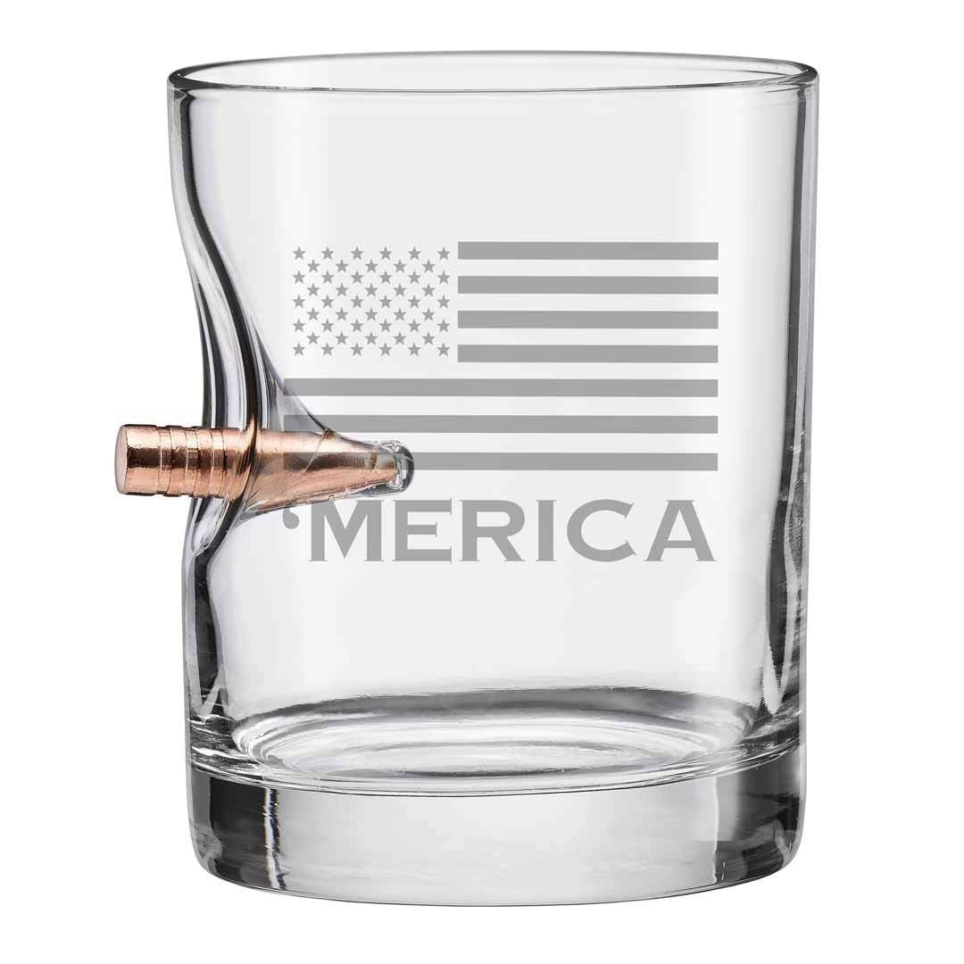 BenShot Merica Rocks Glass with real .308 bullet, a bold conversation piece and centerpiece