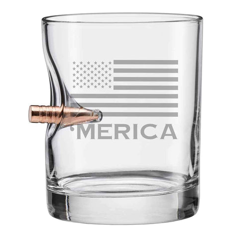 BenShot Merica Rocks Glass with real .308 bullet, a bold conversation piece and centerpiece