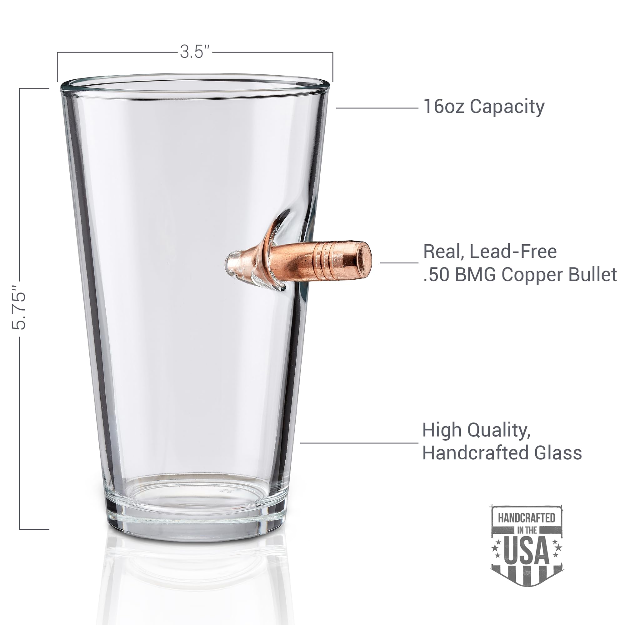 BenShot pint glass handmade in the USA, Wisconsin workshop, with quality craftsmanship.